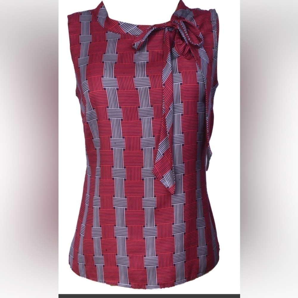 Banana Republic sleeveless blouse red white black asymmetrical print PXS